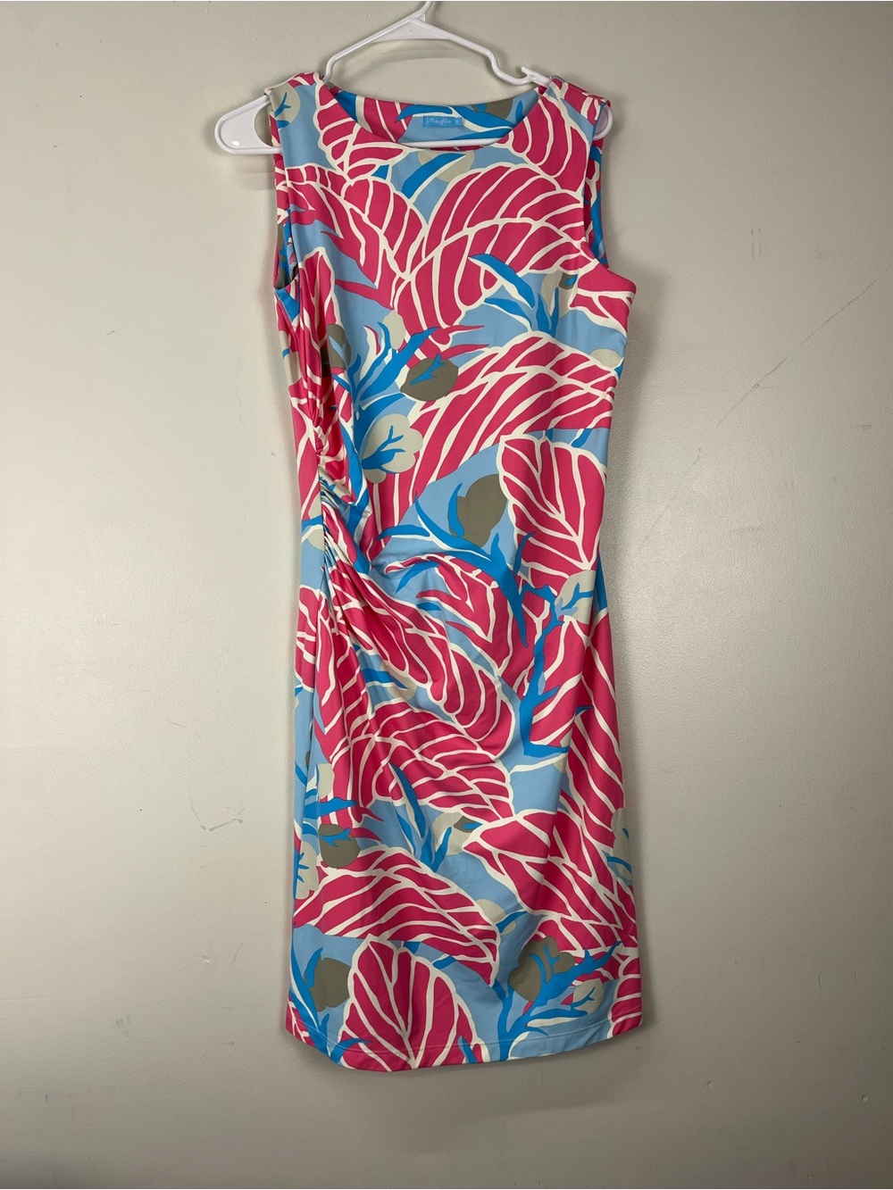 J. McLaughlin coral pink blue sleeveless tropical leaf print summer dress Medium